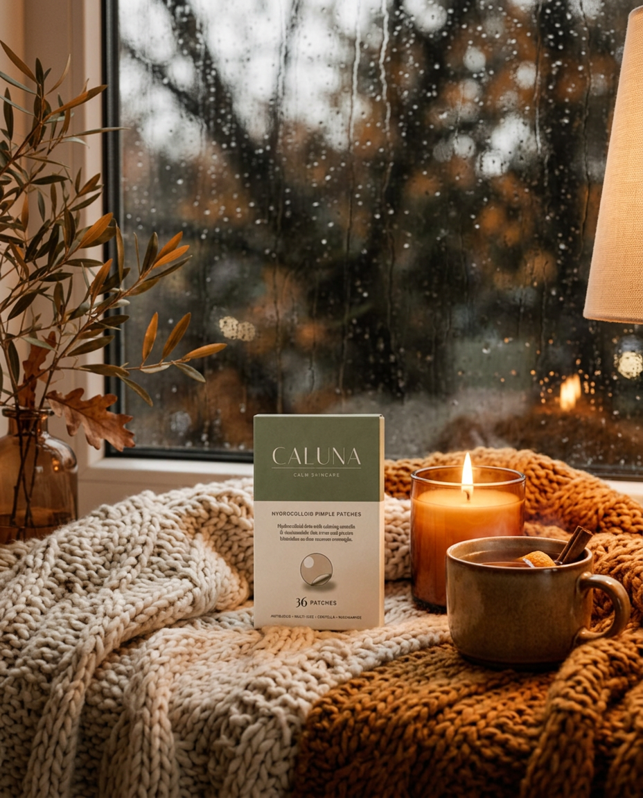 Cozy knit blanket with tea and a candle beside a box of Caluna hydrocolloid pimple patches the night before a big event