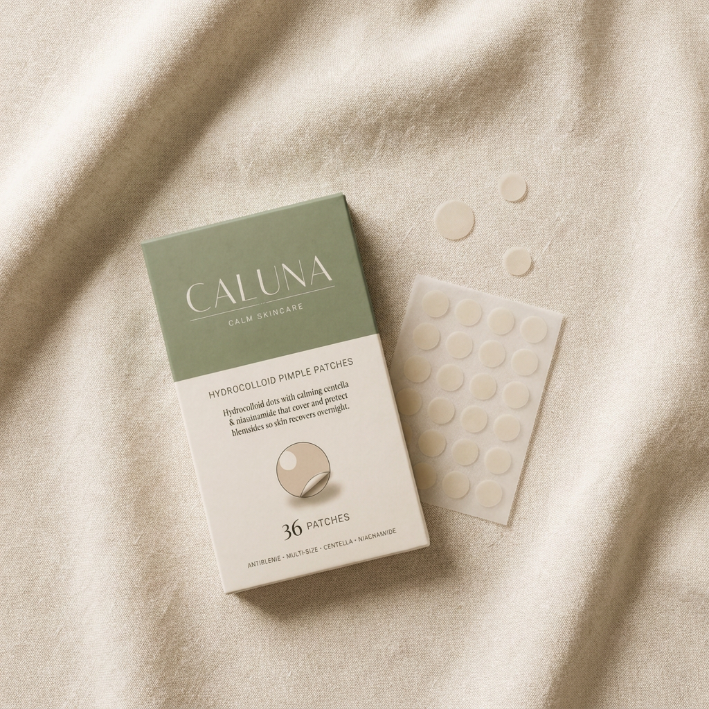 A Caluna pimple patch box and clear hydrocolloid patch sheet in a flat lay on cream linen