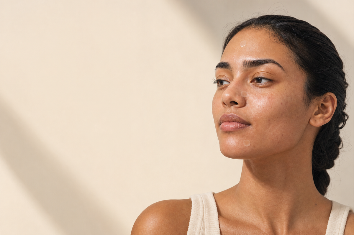 Natural skin with the nose and T-zone in frame, wearing nearly invisible hydrocolloid dots