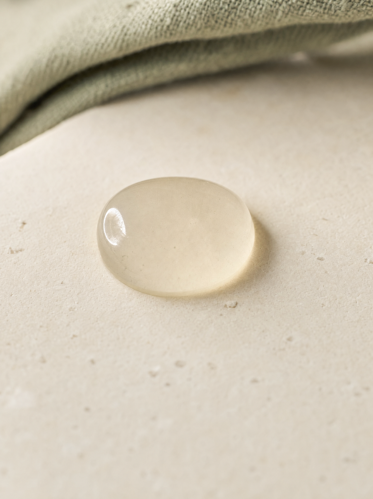 Macro of a single translucent Caluna hydrocolloid dot on a warm cream surface