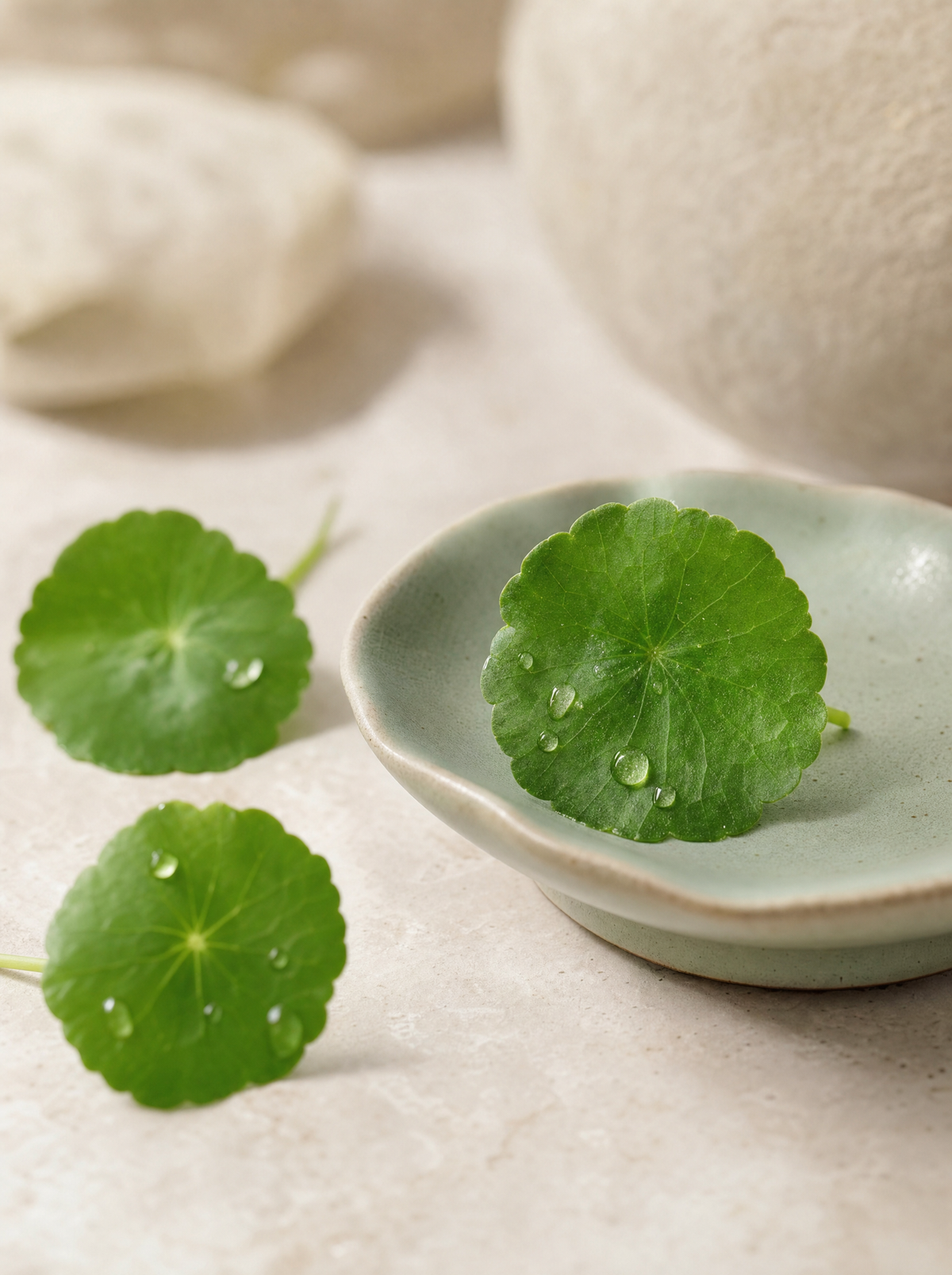 Fresh centella asiatica (cica) leaves on a warm cream surface, the soothing botanical active