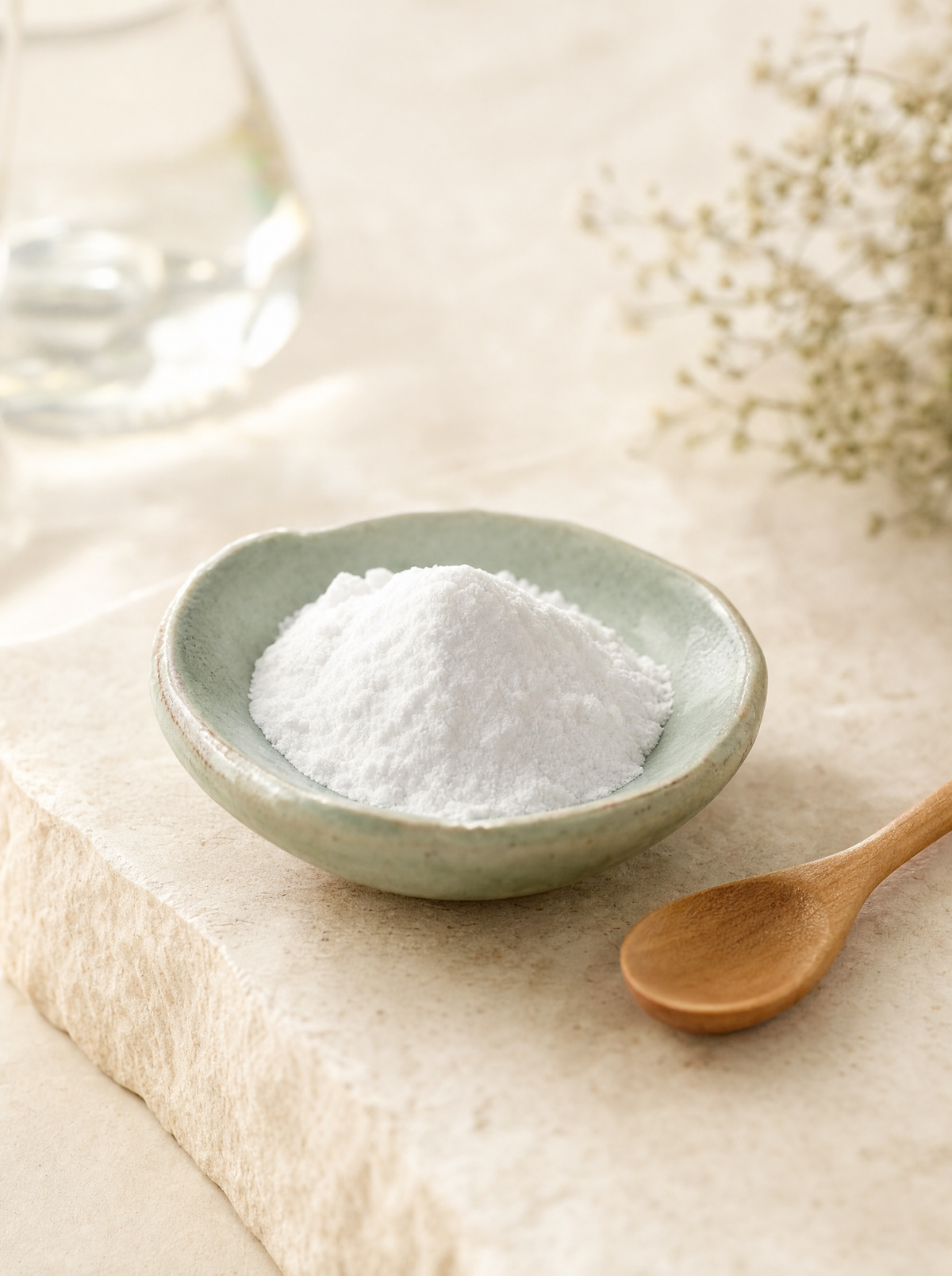 Niacinamide powder in a small sage-green dish on a warm cream surface, an editorial still life for a skincare ingredient guide