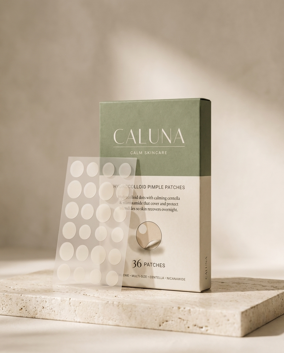 A Caluna pimple patch box at an angle with a clear hydrocolloid patch sheet on warm cream stone