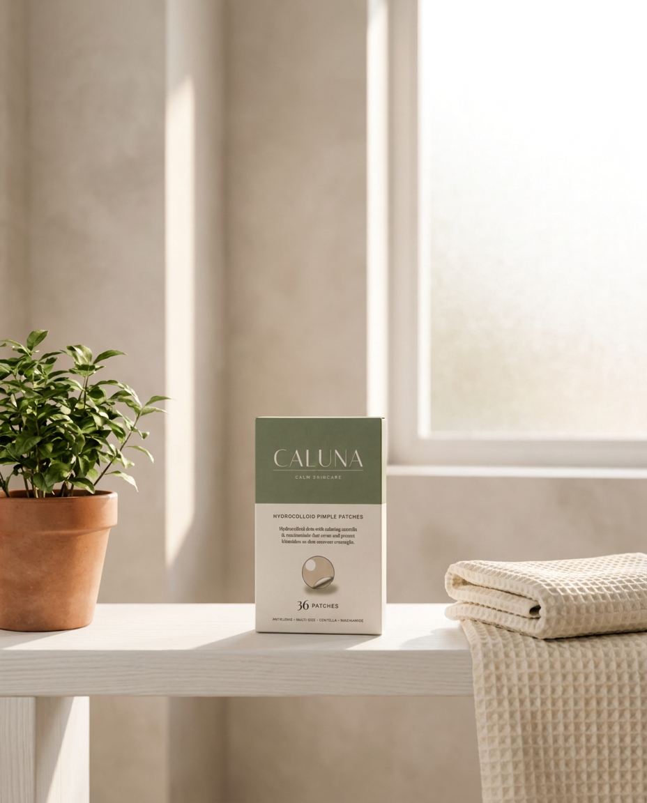 A box of Caluna hydrocolloid pimple patches on a bathroom shelf in soft morning light, illustrating how long to wear a pimple patch through a night routine