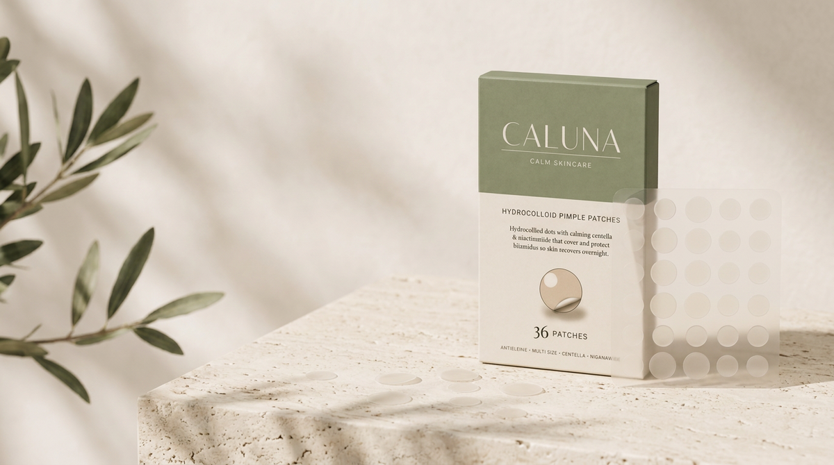 Caluna pimple patch box with patch sheet and scattered hydrocolloid patches on cream stone