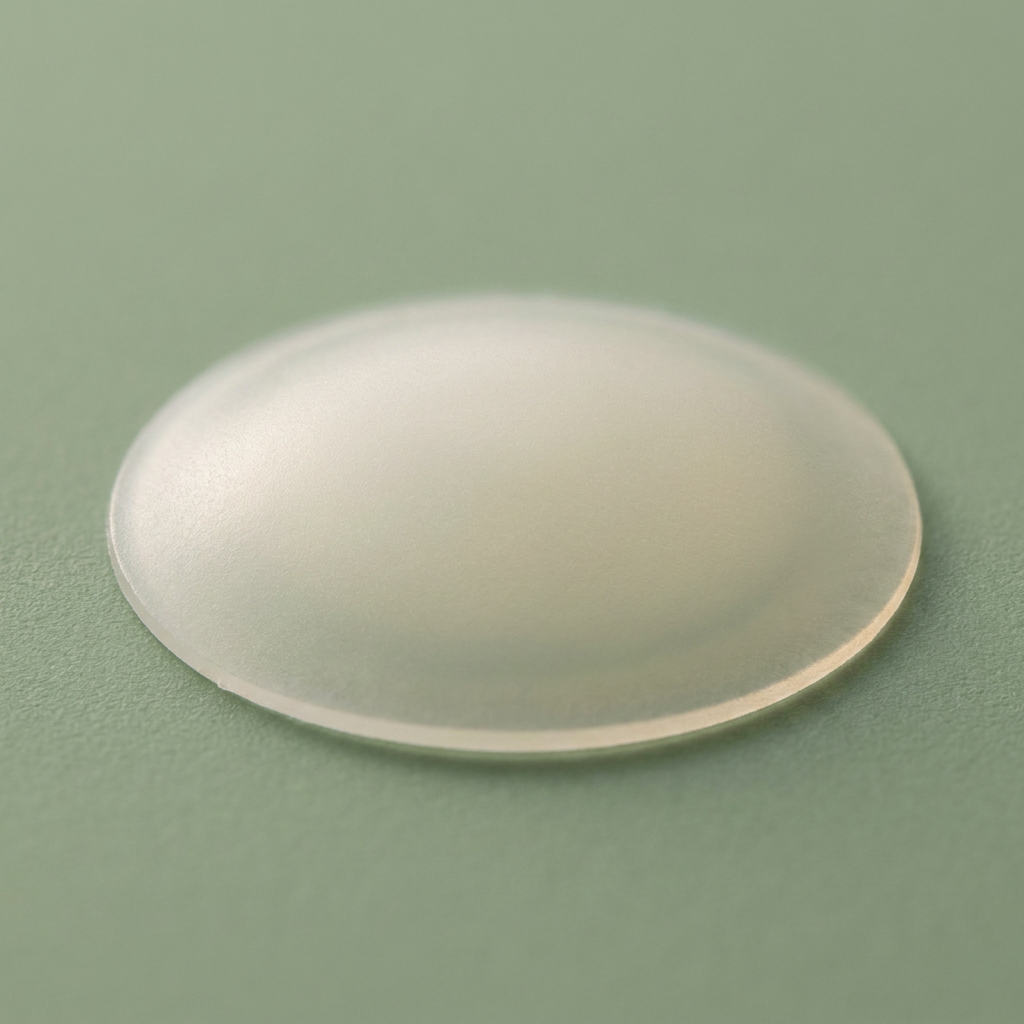 Macro close-up of a translucent Caluna hydrocolloid pimple patch, a gentler alternative to toothpaste on a pimple