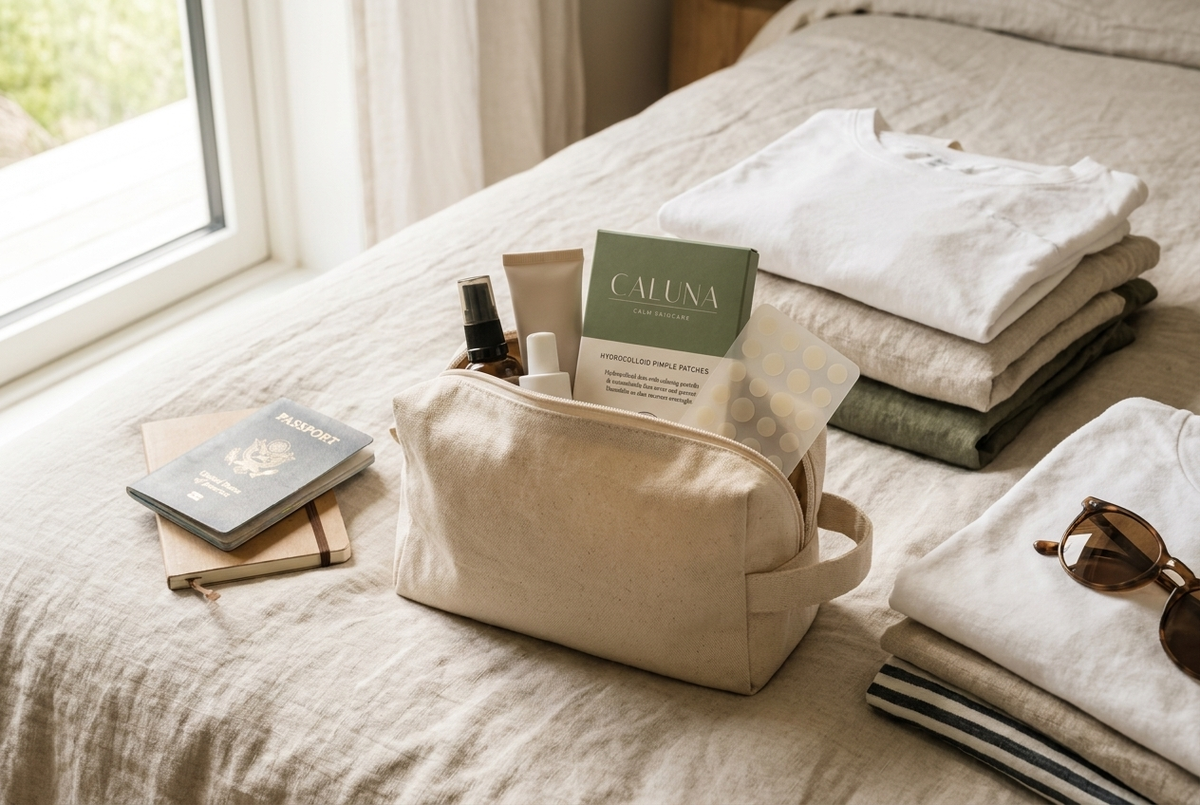 A travel pouch with a box of Caluna hydrocolloid pimple patches in a packing scene, illustrating travel skincare tips for breakout-prone skin