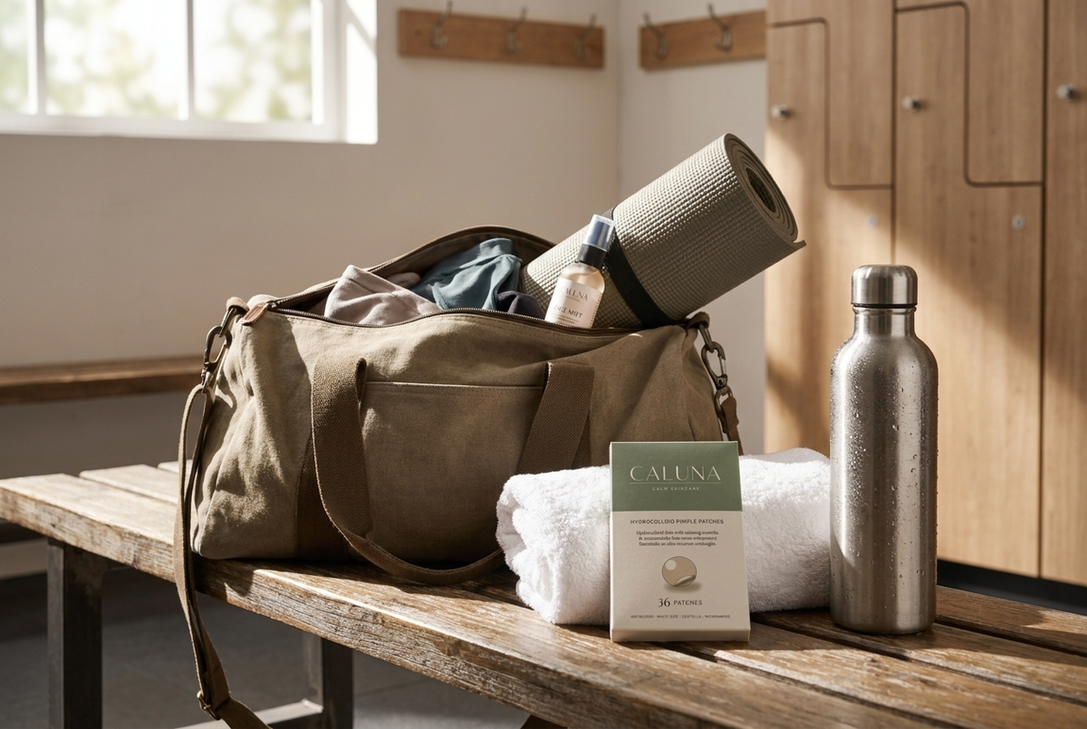 A Caluna pimple patch box tucked into a gym duffel bag on a locker room bench
