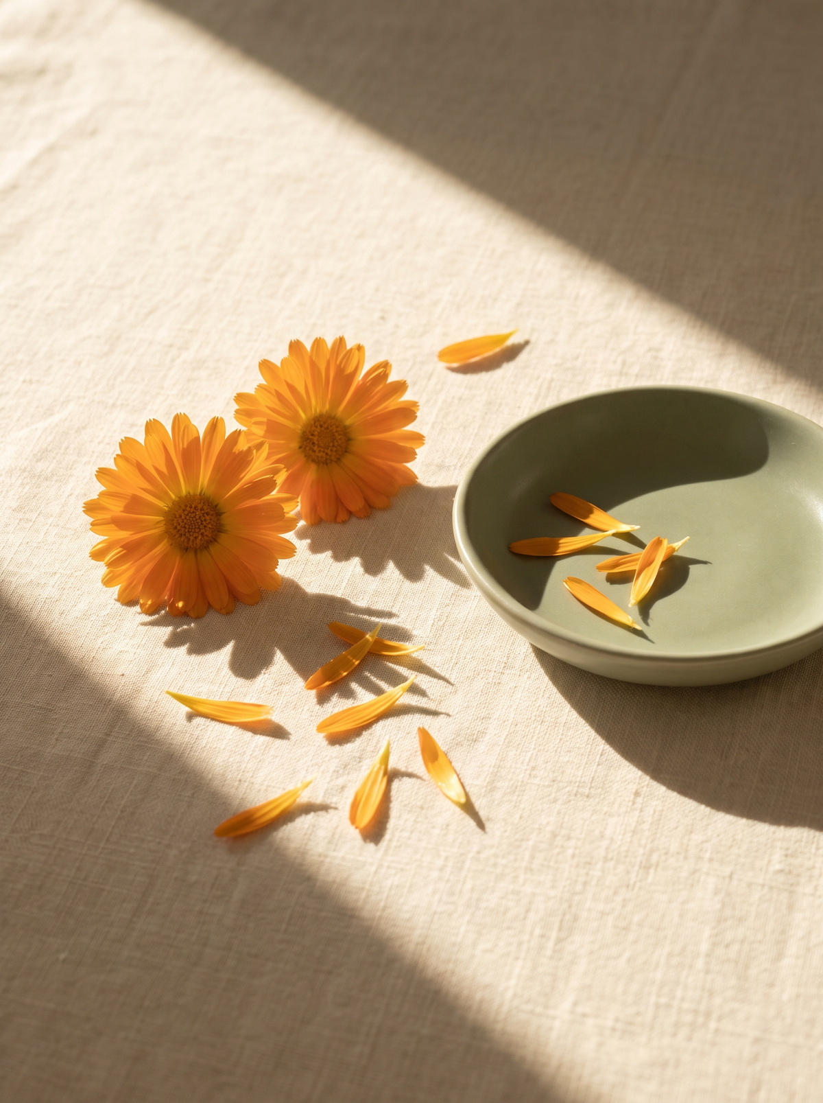 calendula flower heads and petals on cream linen