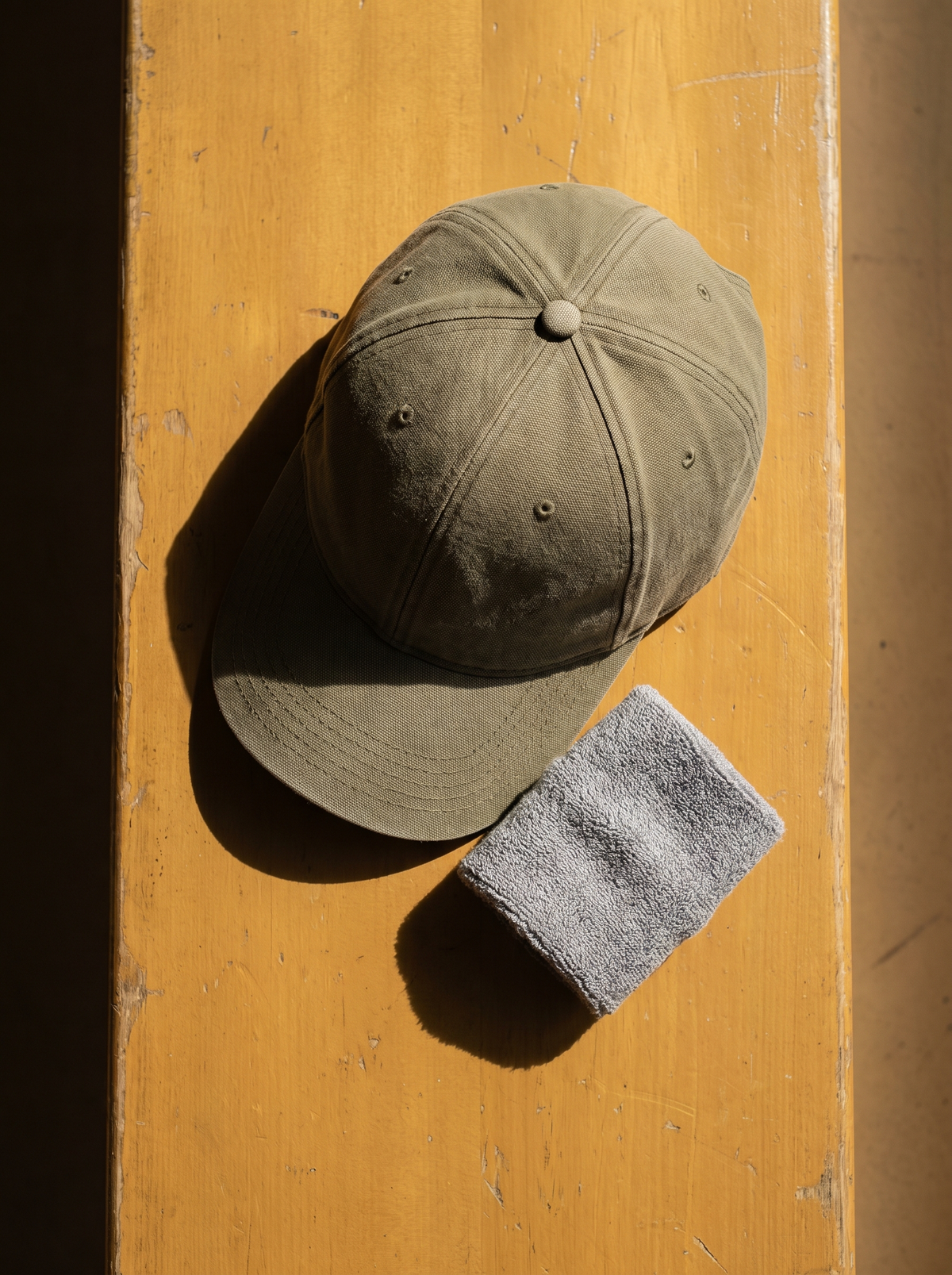 A baseball cap and a cotton sweatband resting on a gym bench