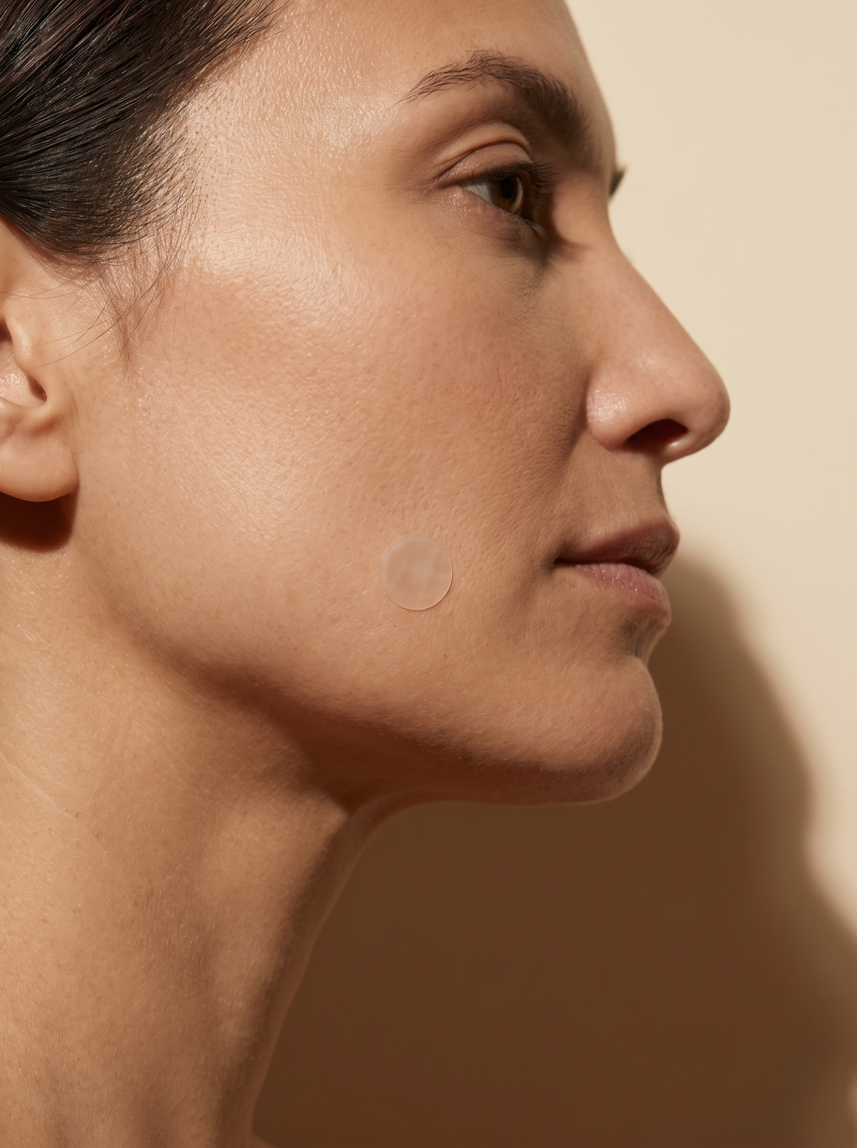 A single clear hydrocolloid dot worn on an adult cheek, nearly invisible, on a warm cream background