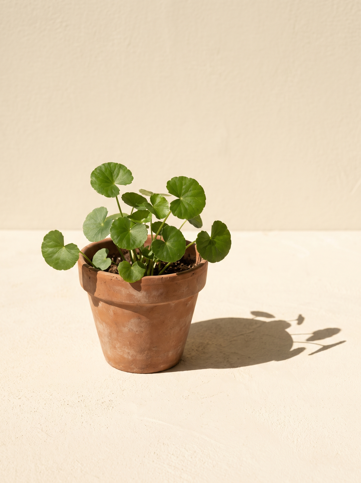A small centella asiatica plant in a plain clay pot on warm cream