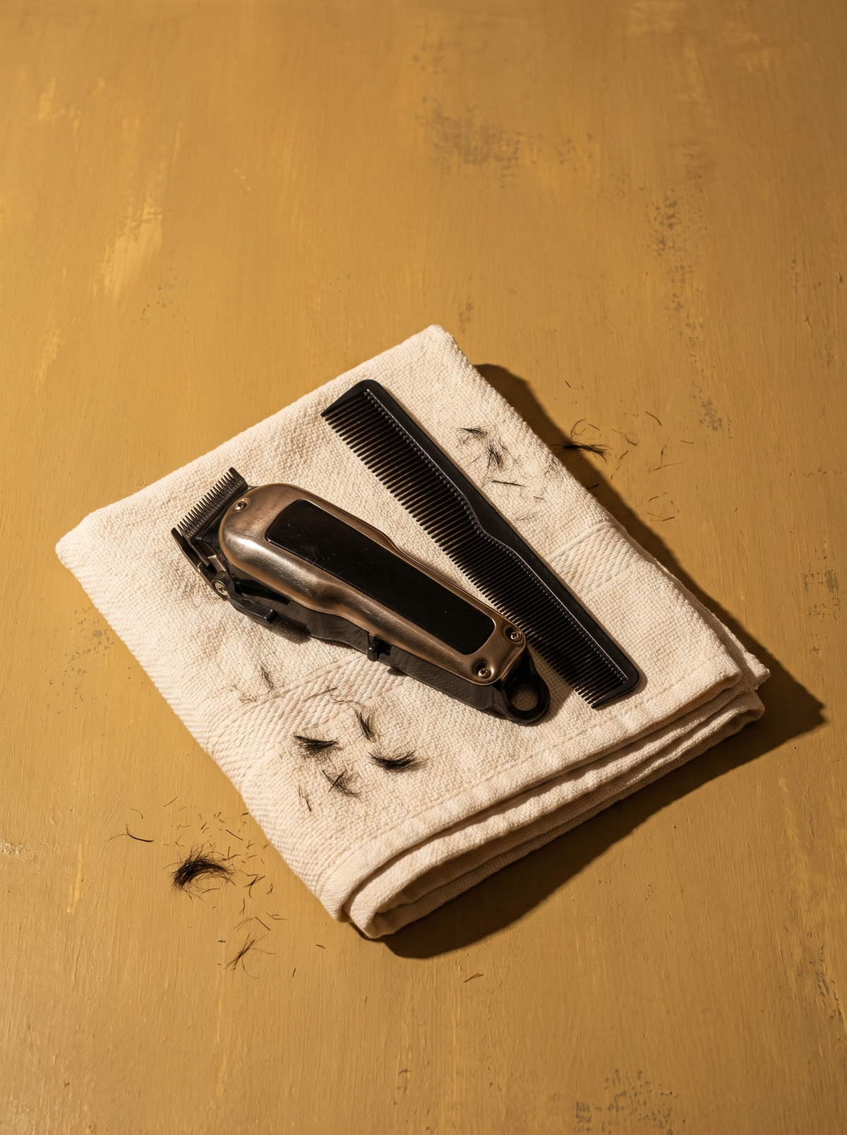 barber clippers and a comb on a folded towel