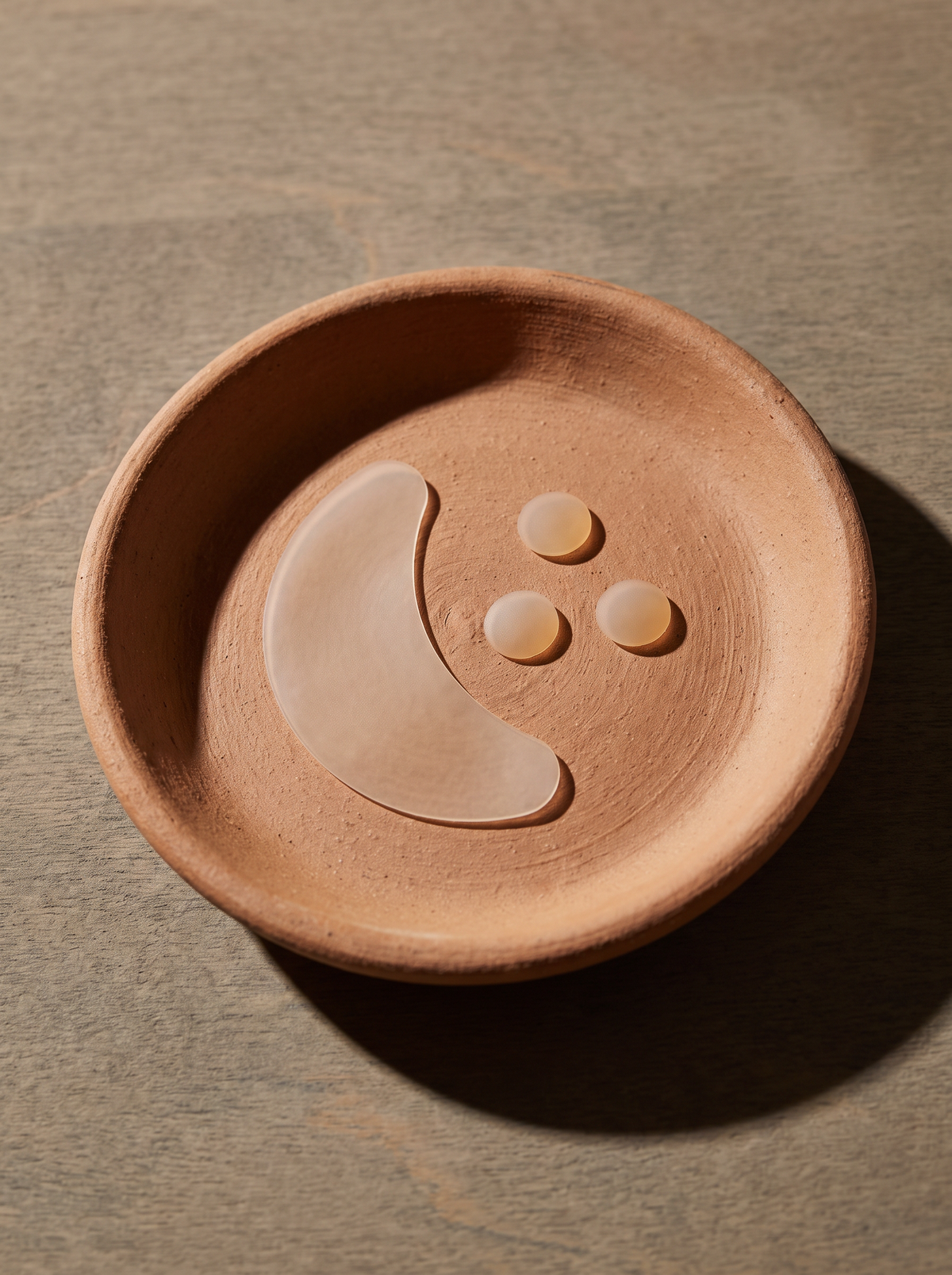 A crescent-shaped hydrocolloid patch beside three tiny round dots on a shallow terracotta dish