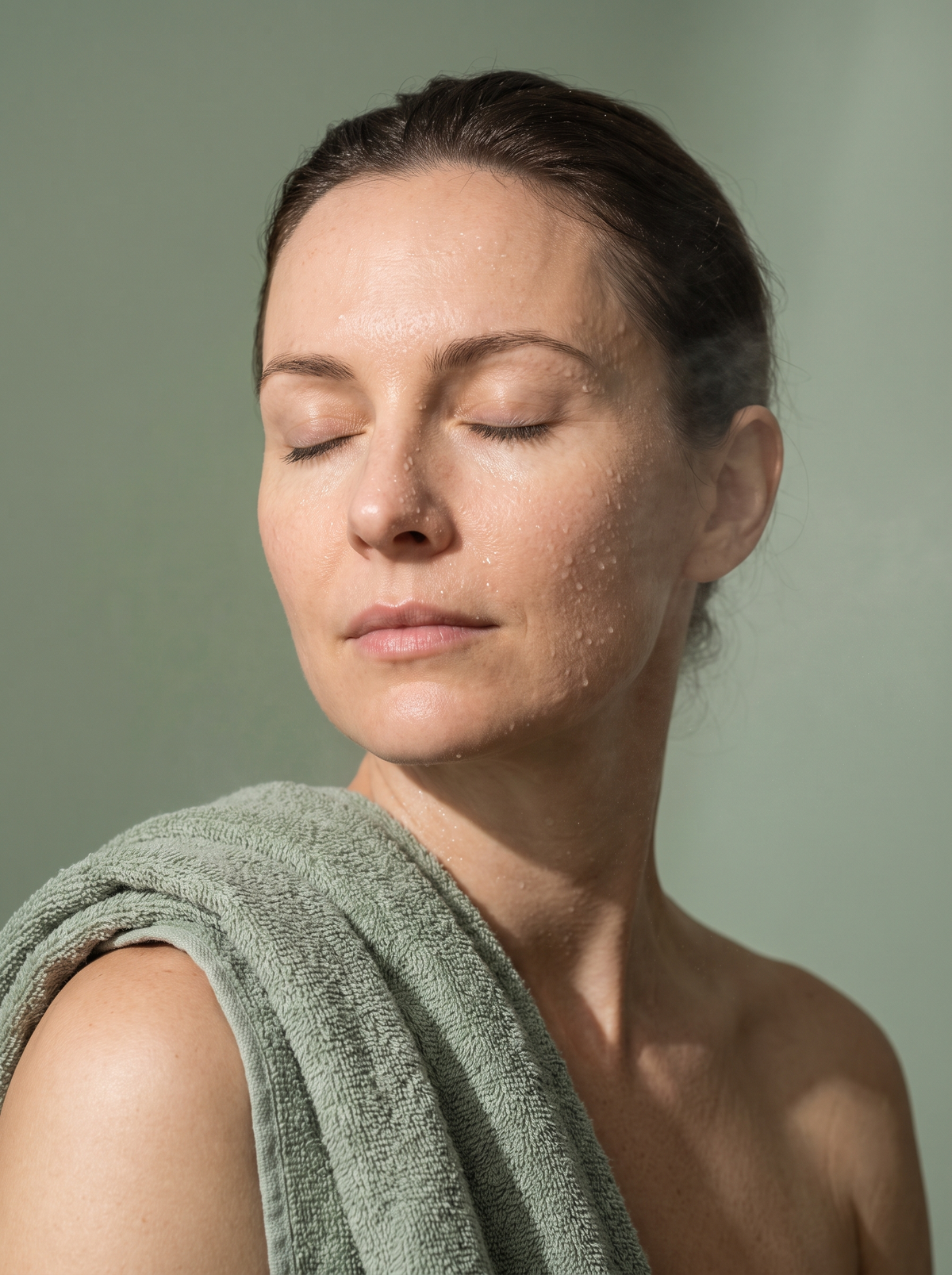 Close-up of an adult with freshly washed, calm-looking skin and a towel over the shoulder on a sage-green background