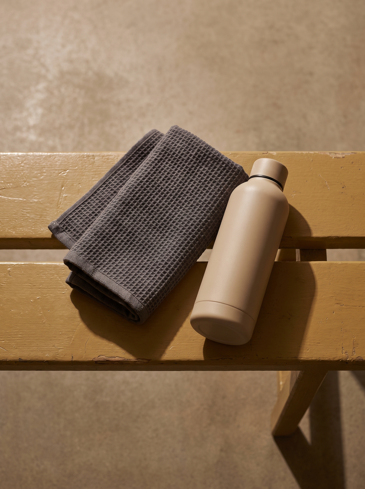 A folded grey gym towel and a plain water bottle on a golden ochre bench