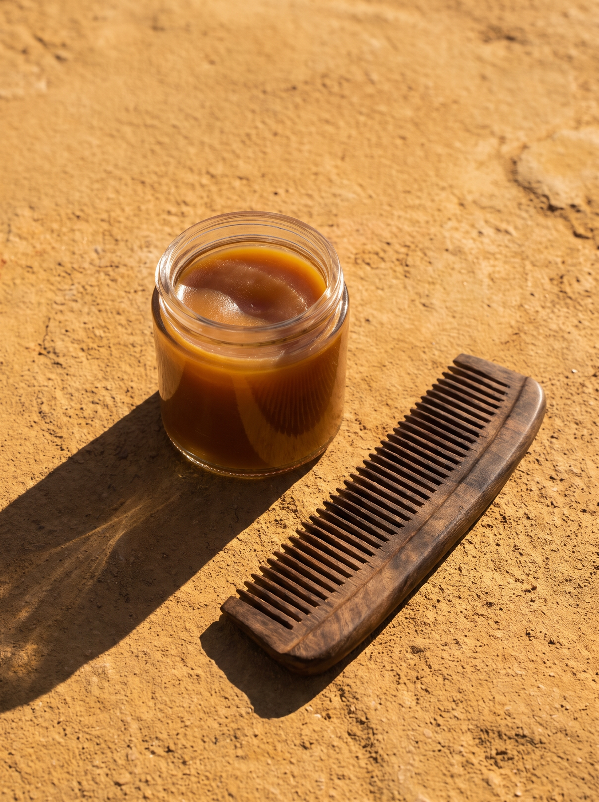 An open jar of hair pomade beside a wooden comb on a golden ochre surface