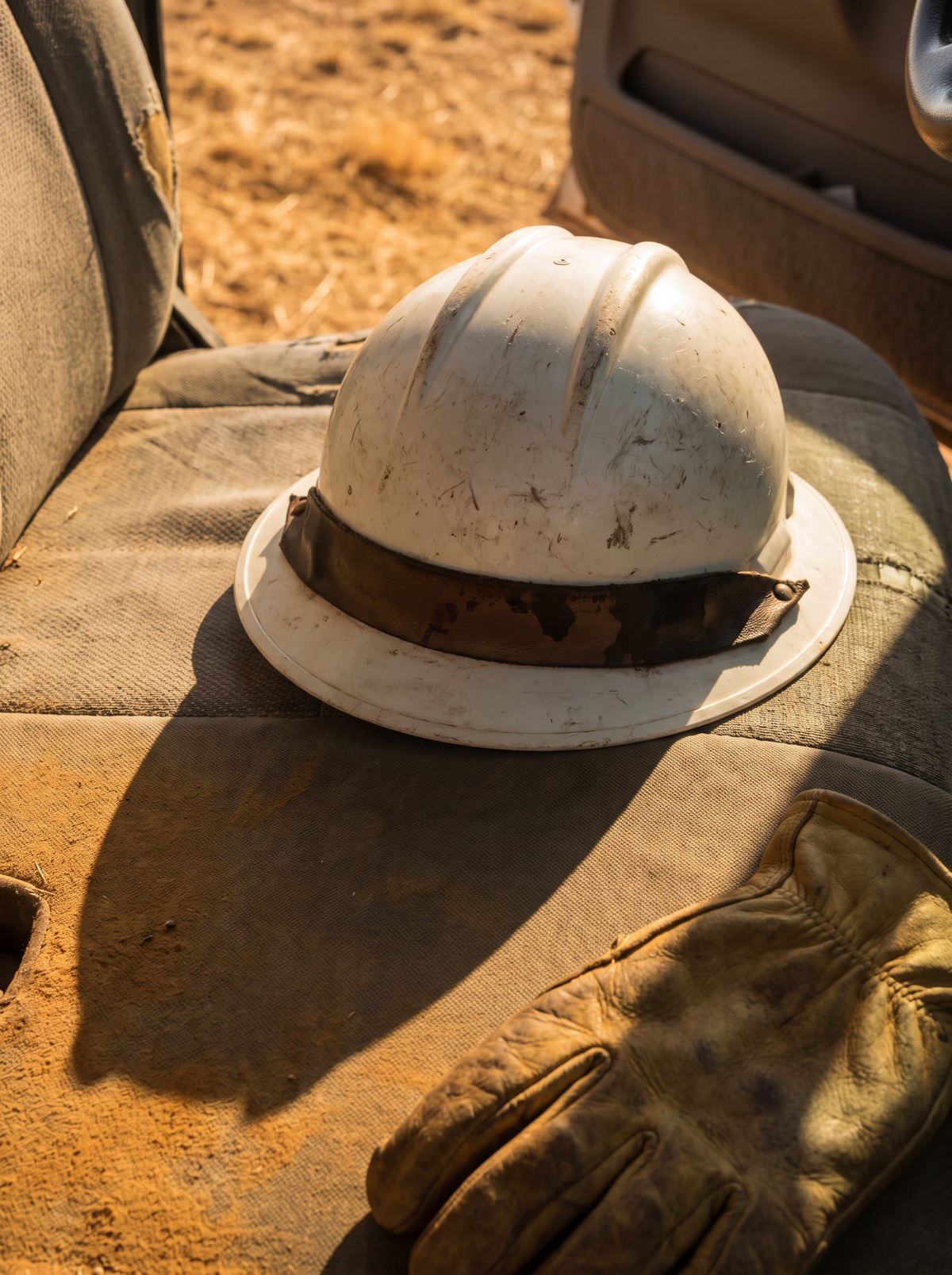 A worn white hard hat on a work truck seat in late-afternoon sun, where forehead breakouts start