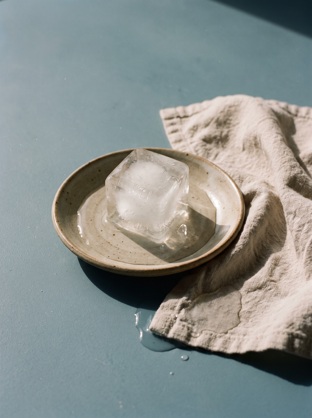 A single ice cube on a small dish beside a folded soft cloth on a dusty-blue surface