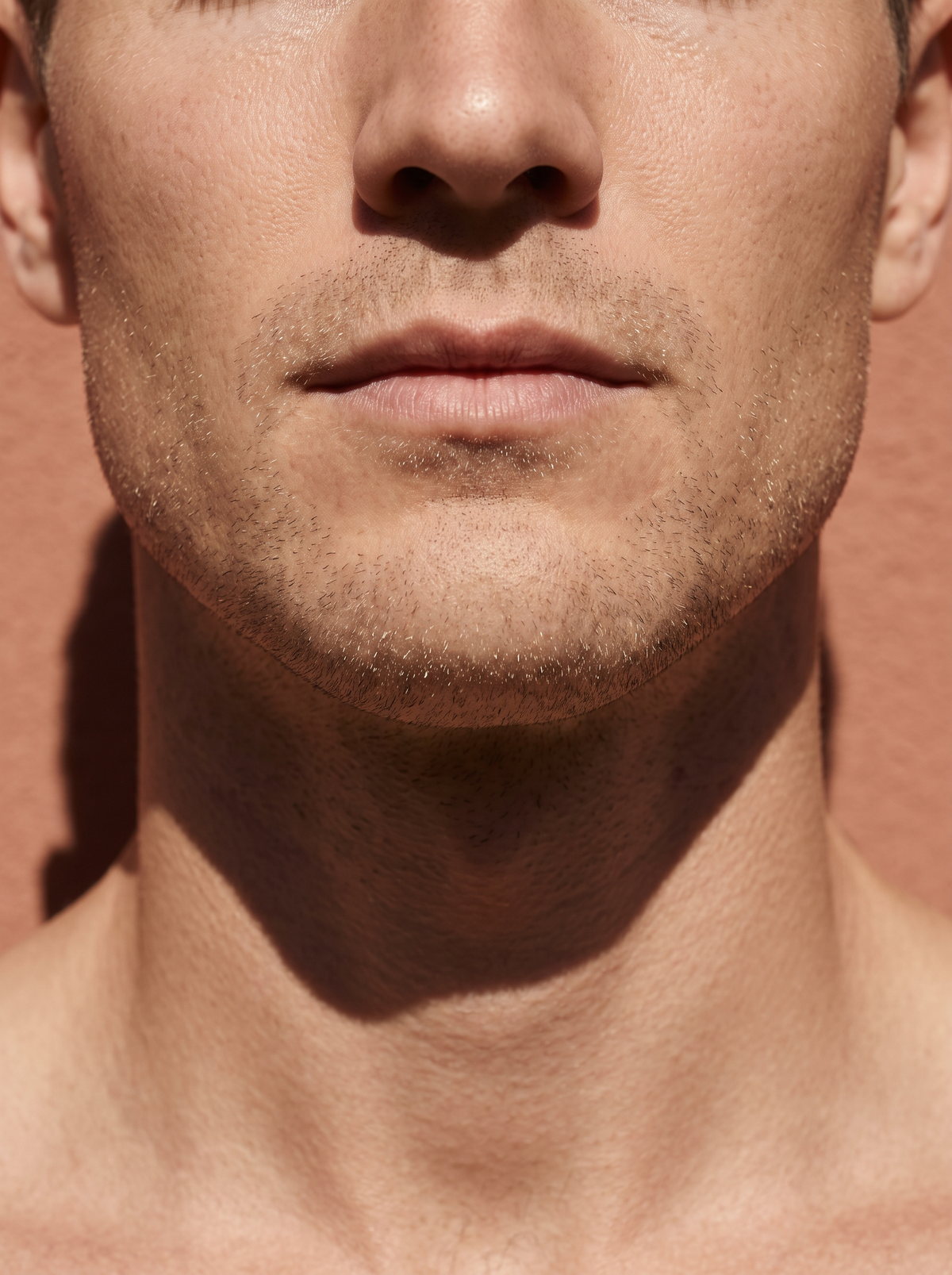 Close-up of an adult man's chin and jawline with light stubble, the zone where deep blind pimples often form