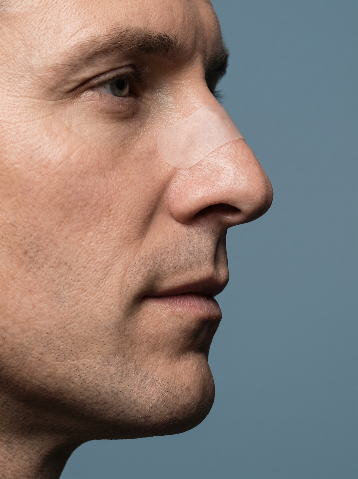 Close-up profile of an adult nose wearing a thin, nearly invisible hydrocolloid patch, dusty blue background