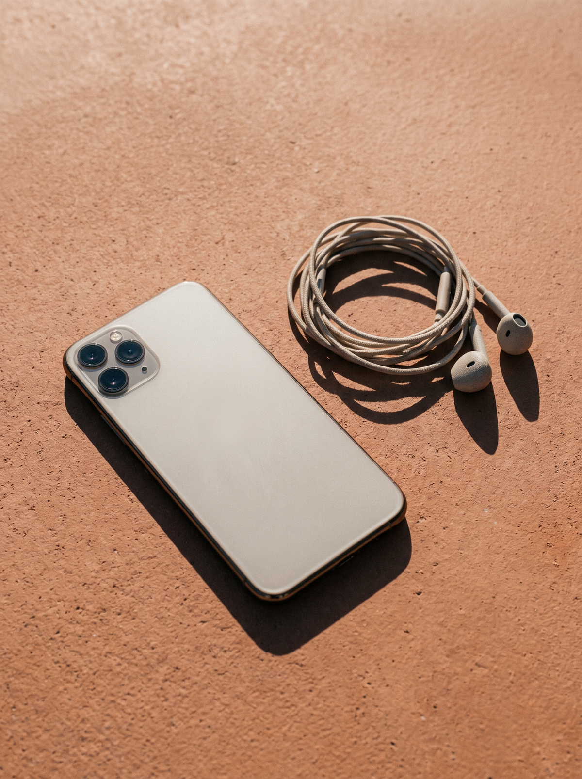 A phone lying face-down with wired earbuds on a terracotta surface