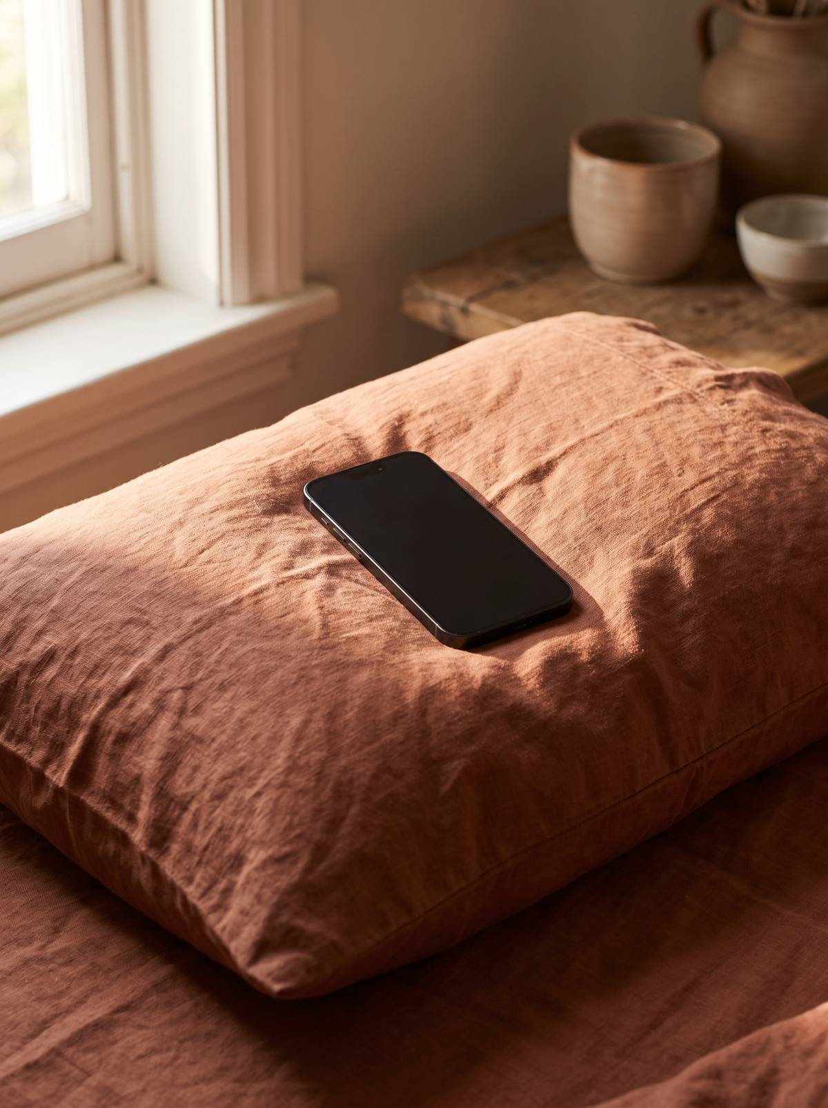 phone lying face-down on a pillowcase