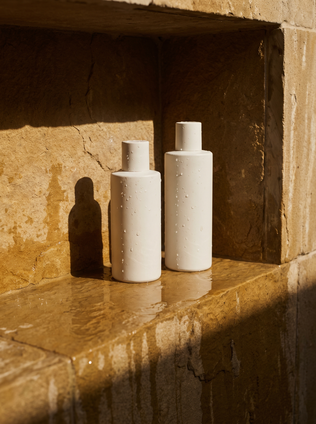 Plain shampoo and conditioner bottles on a wet, golden-lit shower ledge, where washing dandruff off the hairline starts