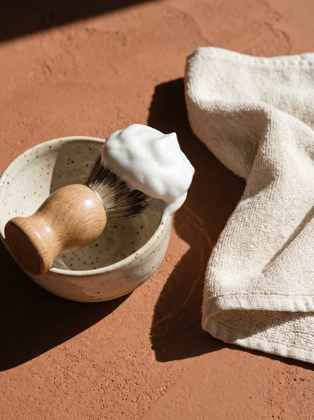 A wooden shaving brush with lather resting on a small ceramic bowl beside a folded towel on a terracotta surface
