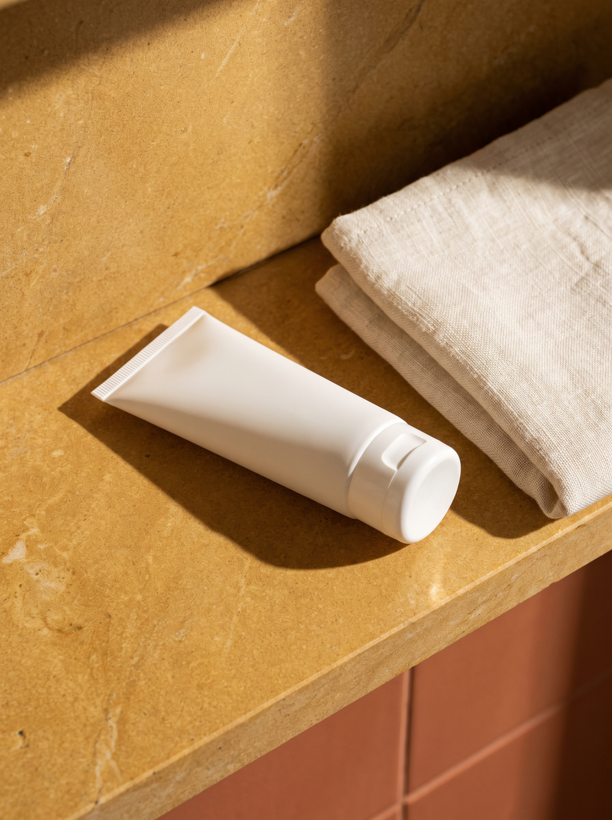 A plain white sunscreen tube and a folded washcloth on a golden ochre bathroom shelf