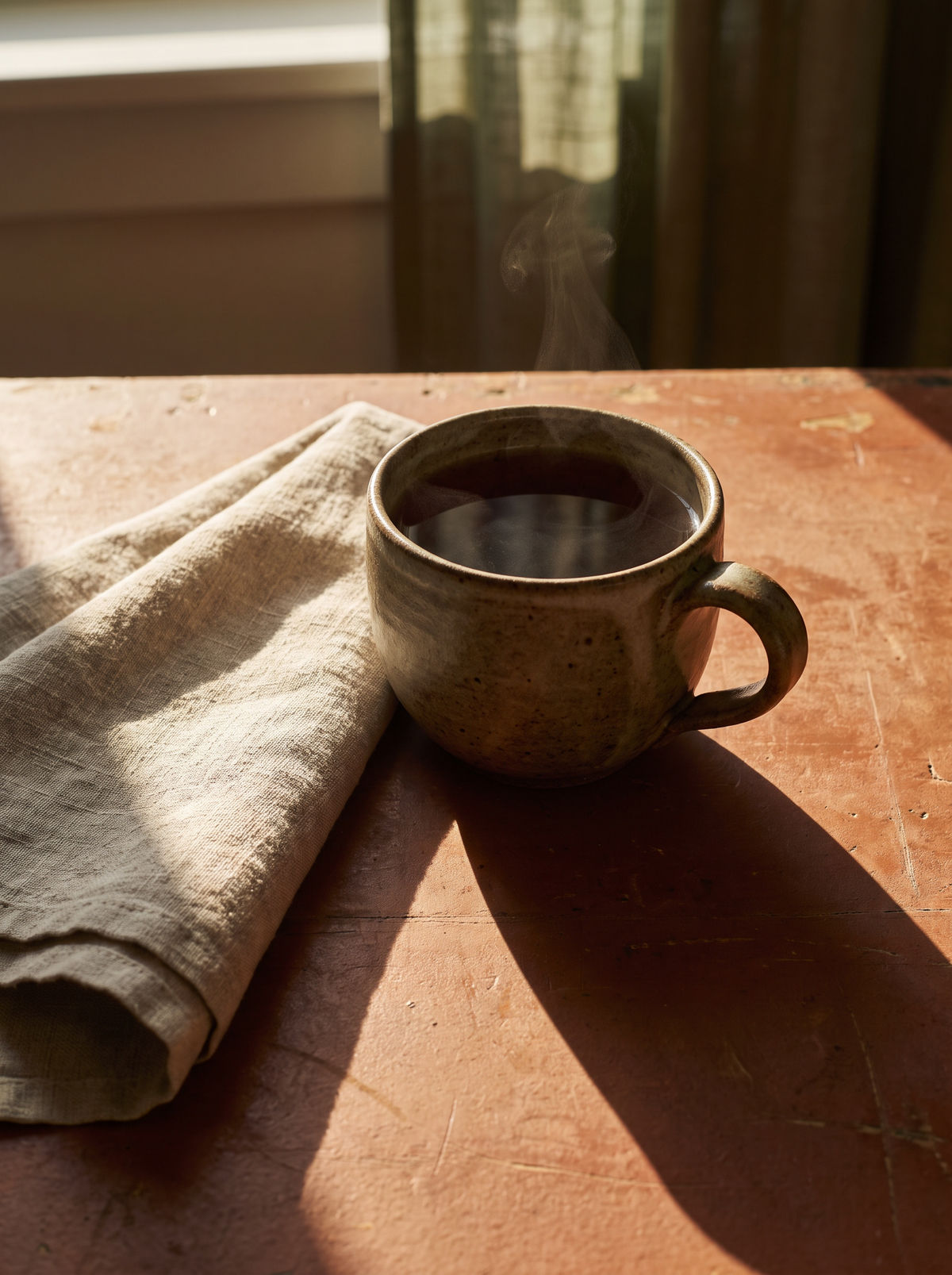 A stoneware mug of herbal tea with steam and a folded linen napkin on a terracotta surface in evening light