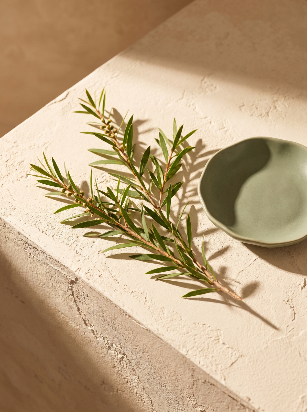 Fresh tea tree sprigs beside a sage-green dish on warm cream plaster