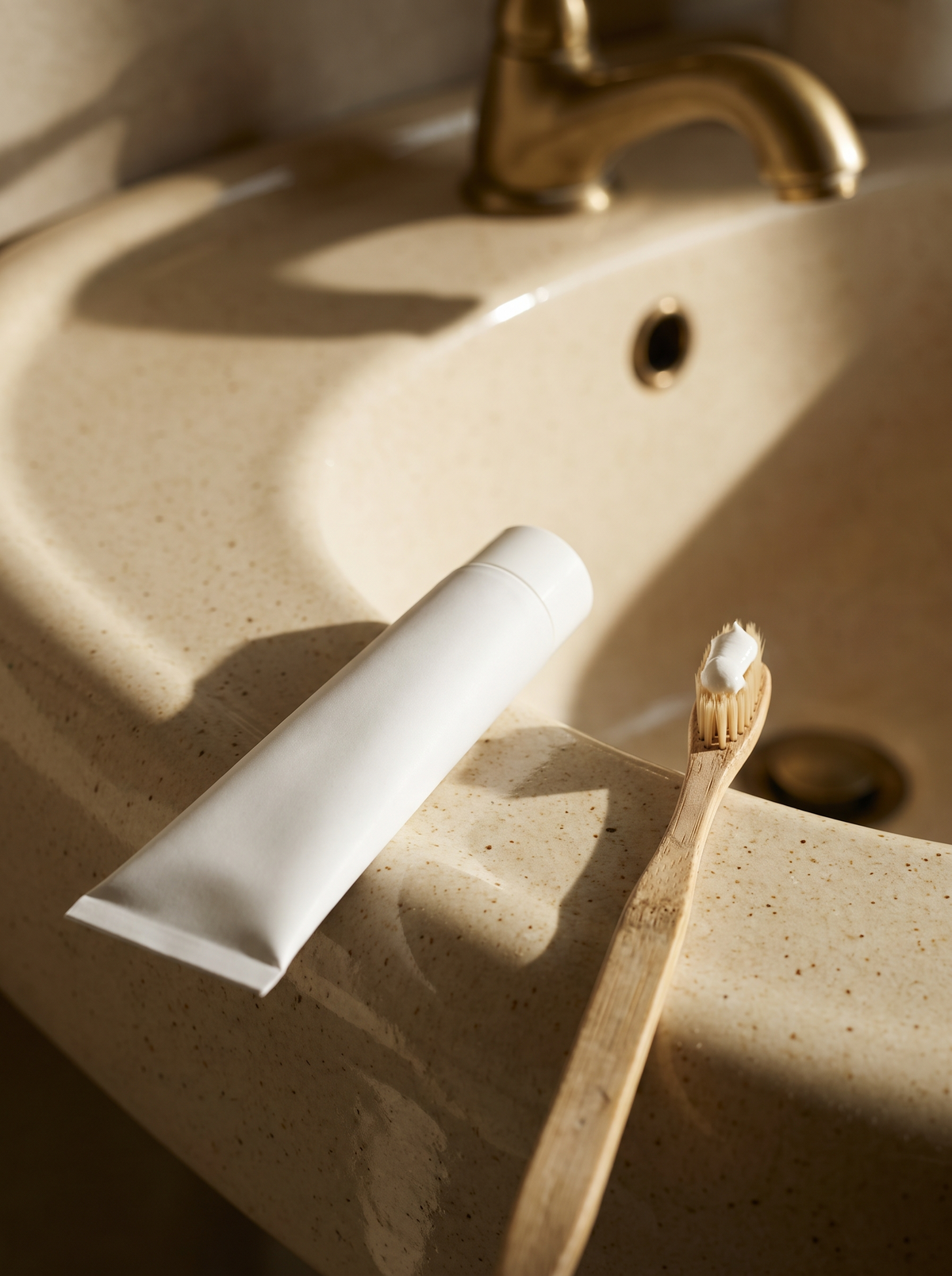 A plain toothpaste tube and a wooden toothbrush on the edge of a cream bathroom sink