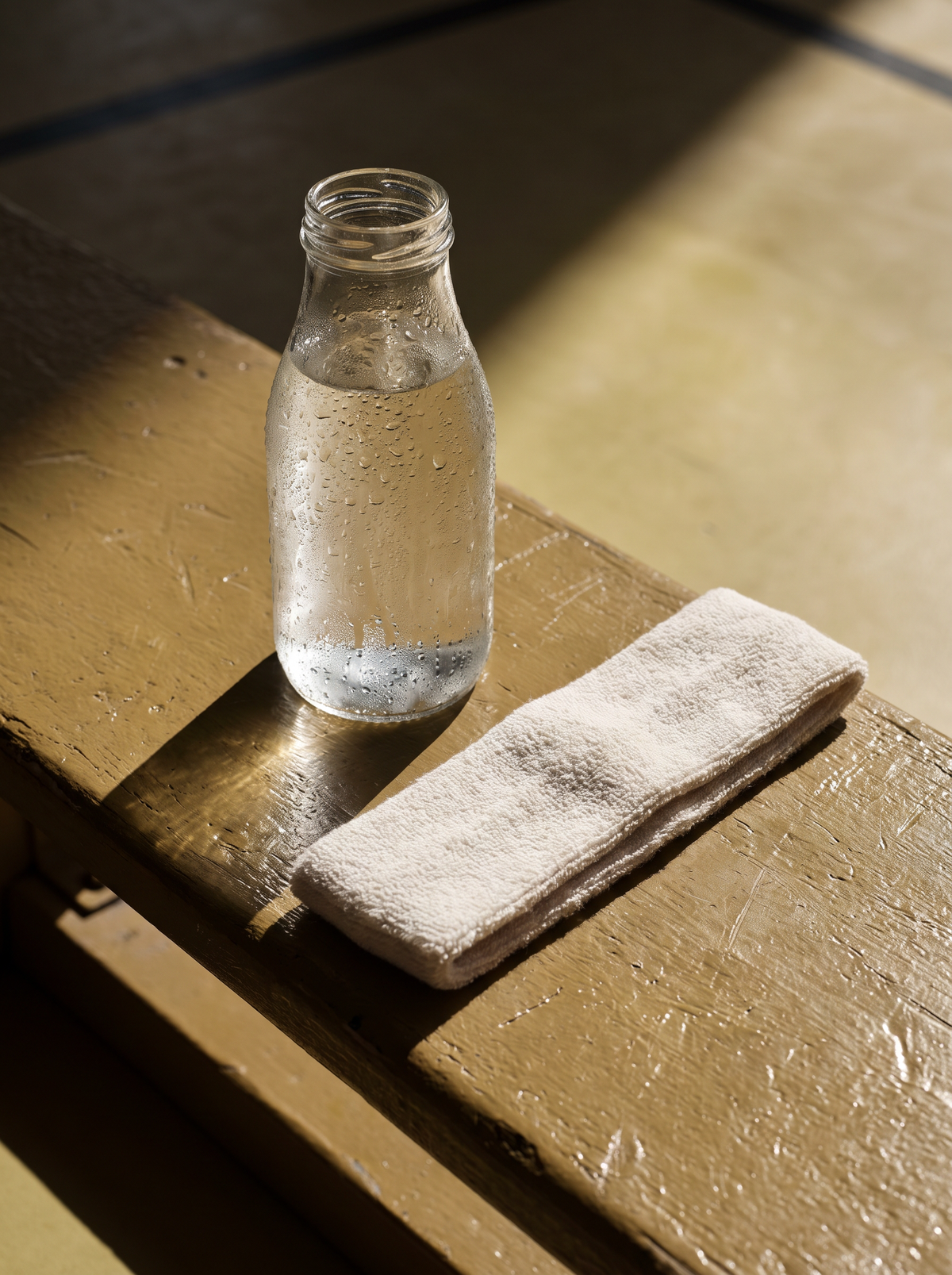 A glass water bottle beaded with condensation beside a cotton sweat headband on a golden ochre gym bench