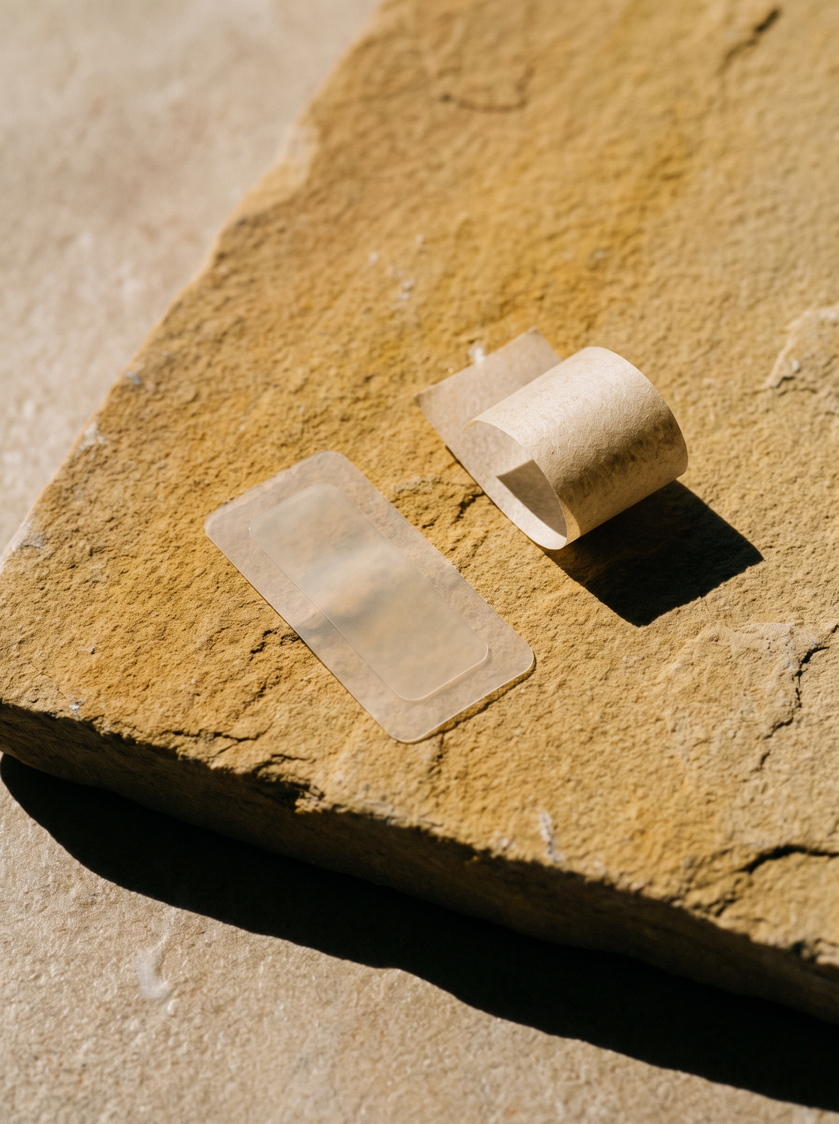 One wide, thin, nearly invisible hydrocolloid band lying flat on a golden ochre stone slab beside its paper backing