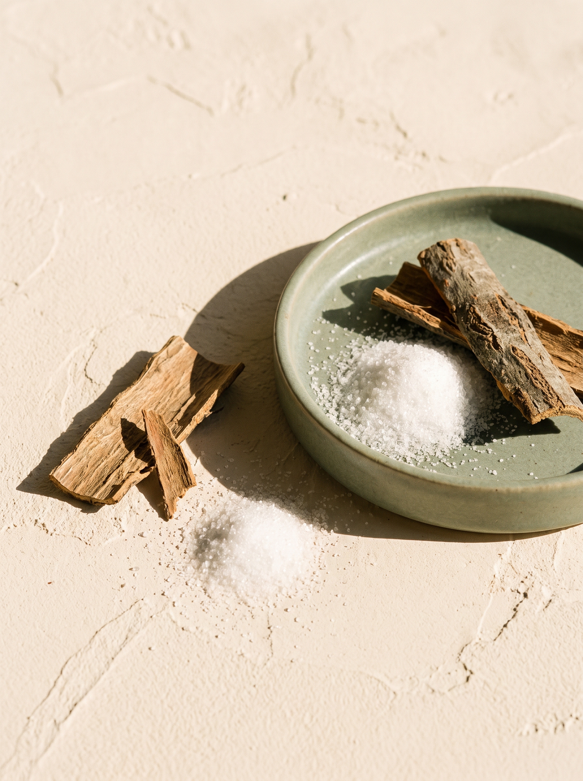 Dried willow bark and fine white crystals, the plant source of salicylic acid, on warm cream plaster