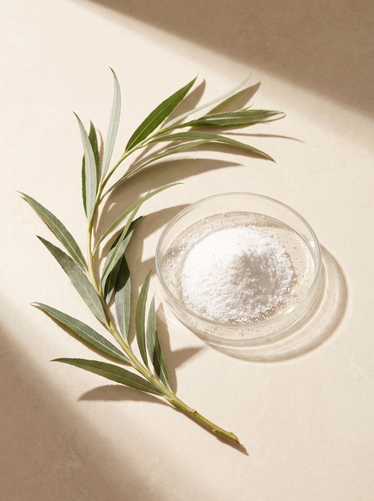 A fresh willow branch beside a small glass dish of white crystalline powder on warm cream