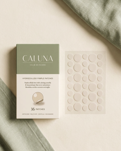 Caluna hydrocolloid pimple patch box beside the clear sheet of assorted-size spot dots