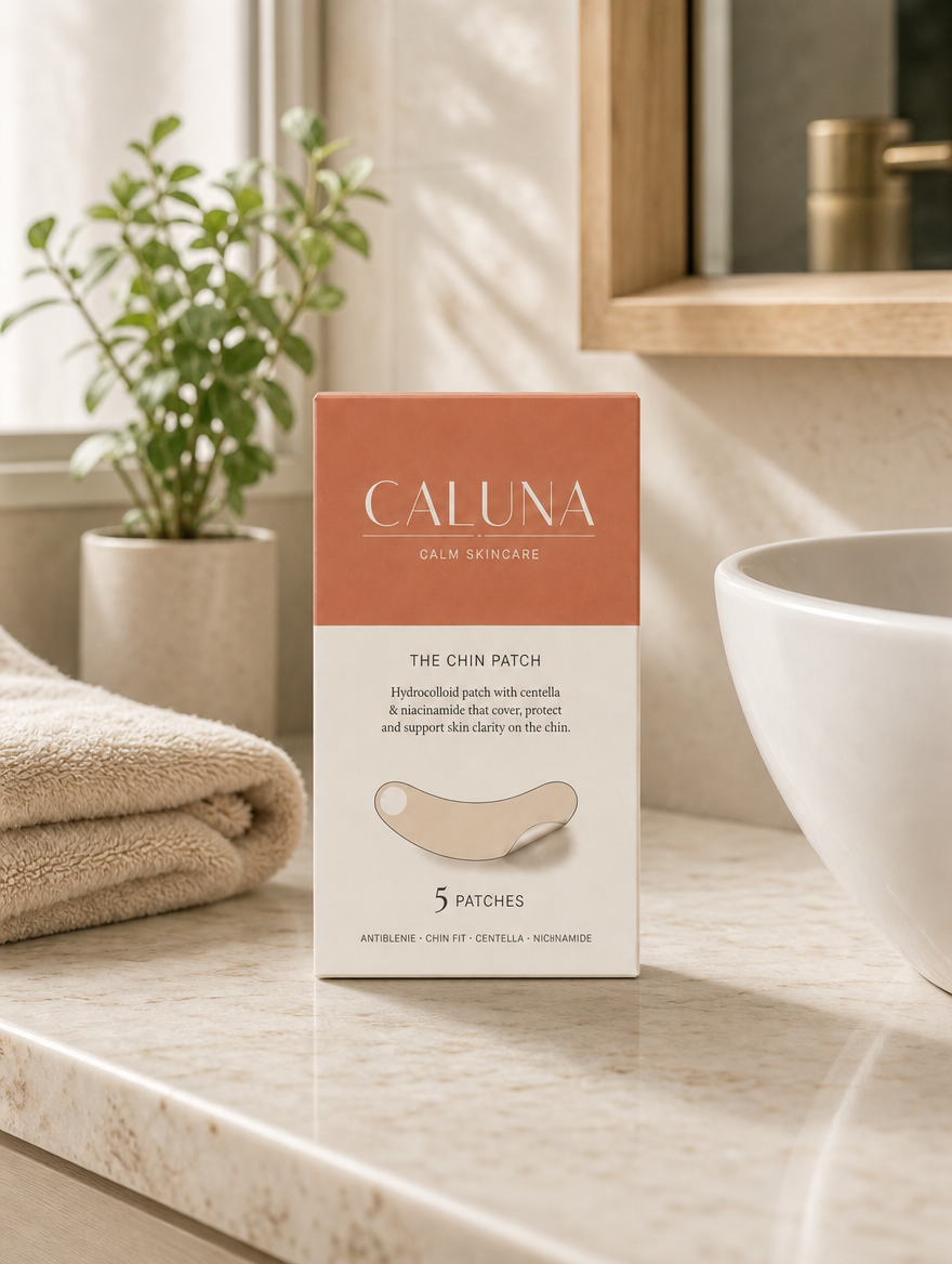 The Chin Patch box on a bathroom counter