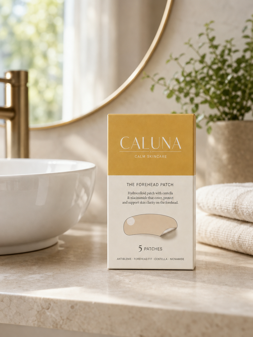The Forehead Patch box on a bathroom counter