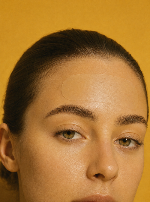 The Forehead Patch worn as a wide band below the hairline, close-up on a golden ochre background